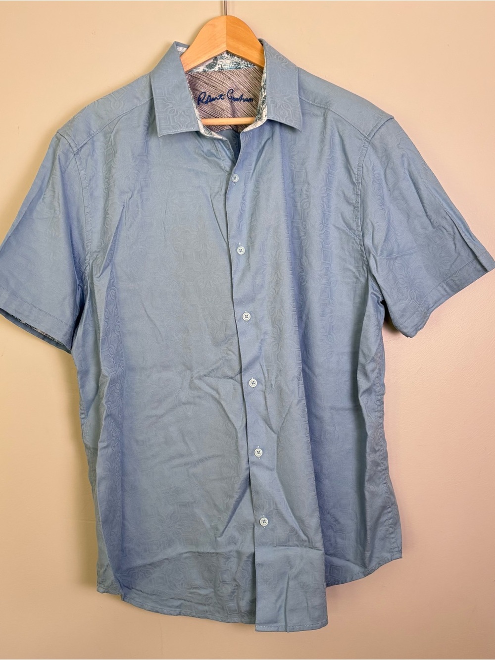 Robert Graham Blue Jacquard Textured Short Sleeve Button Down Shirt-Size XL